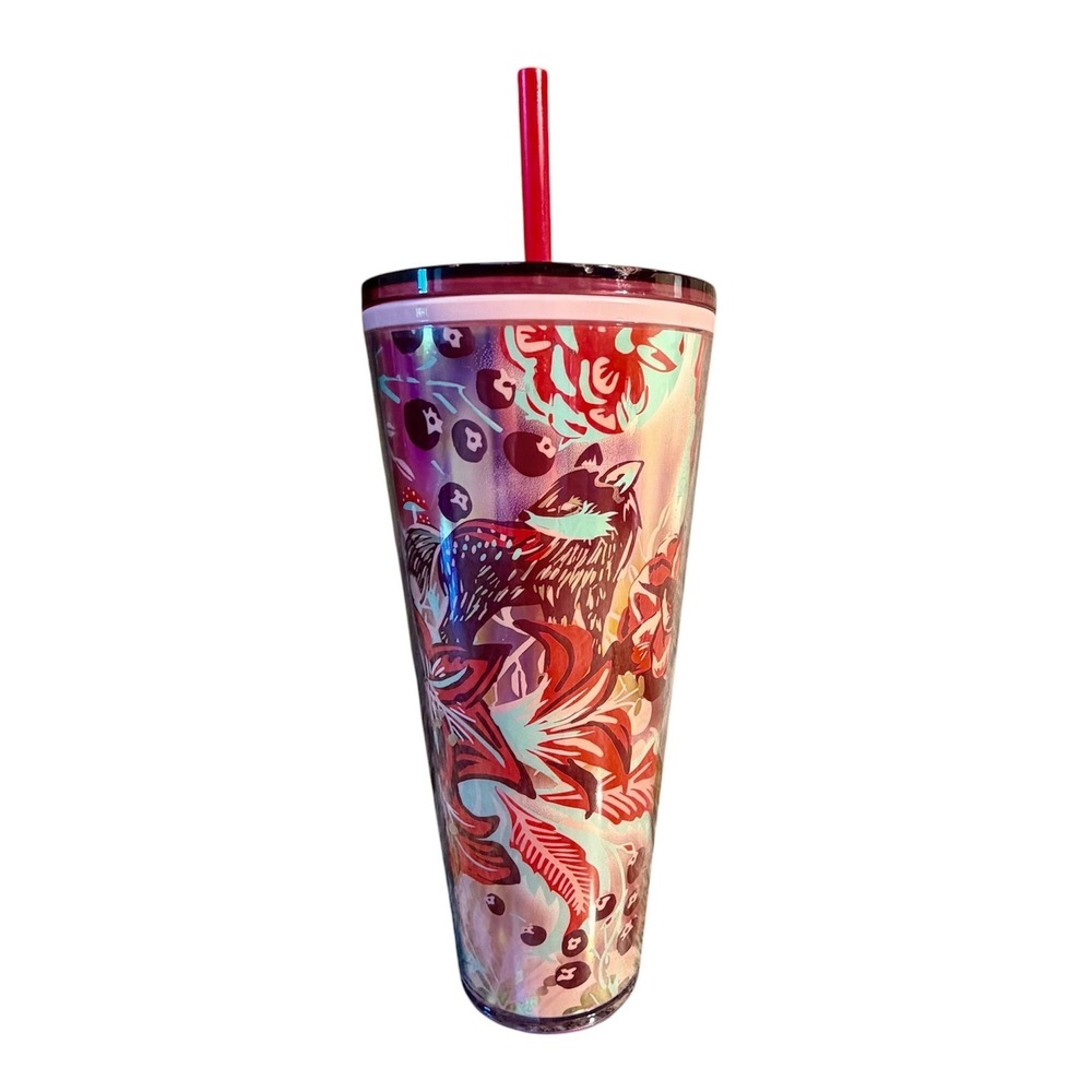 Starbucks 2018 Holiday Enchanted Forrest Fox Venti Tumbler 24oz Pink‎ Red Lid